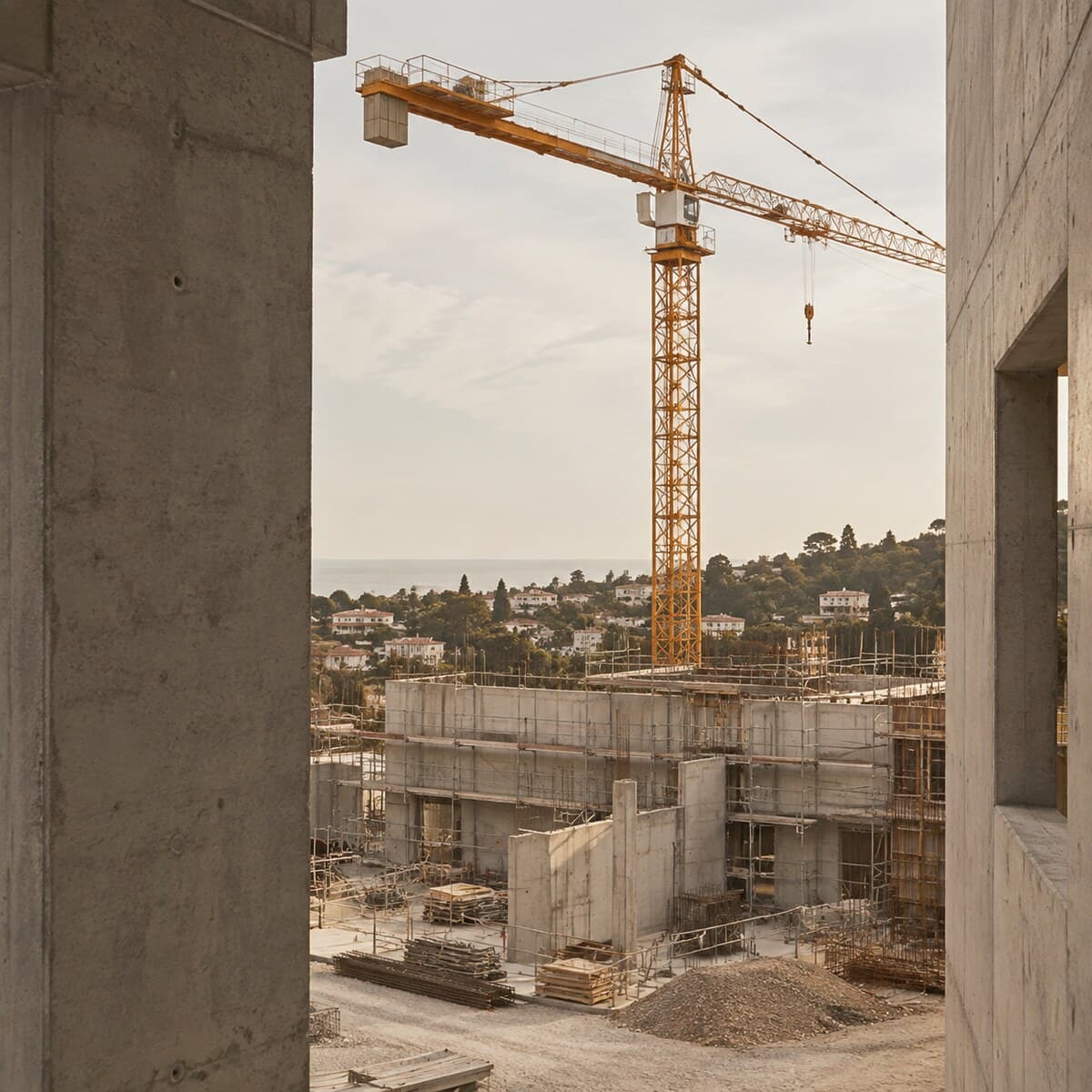 Grue de chantier sur un immeuble en construction en région PACA