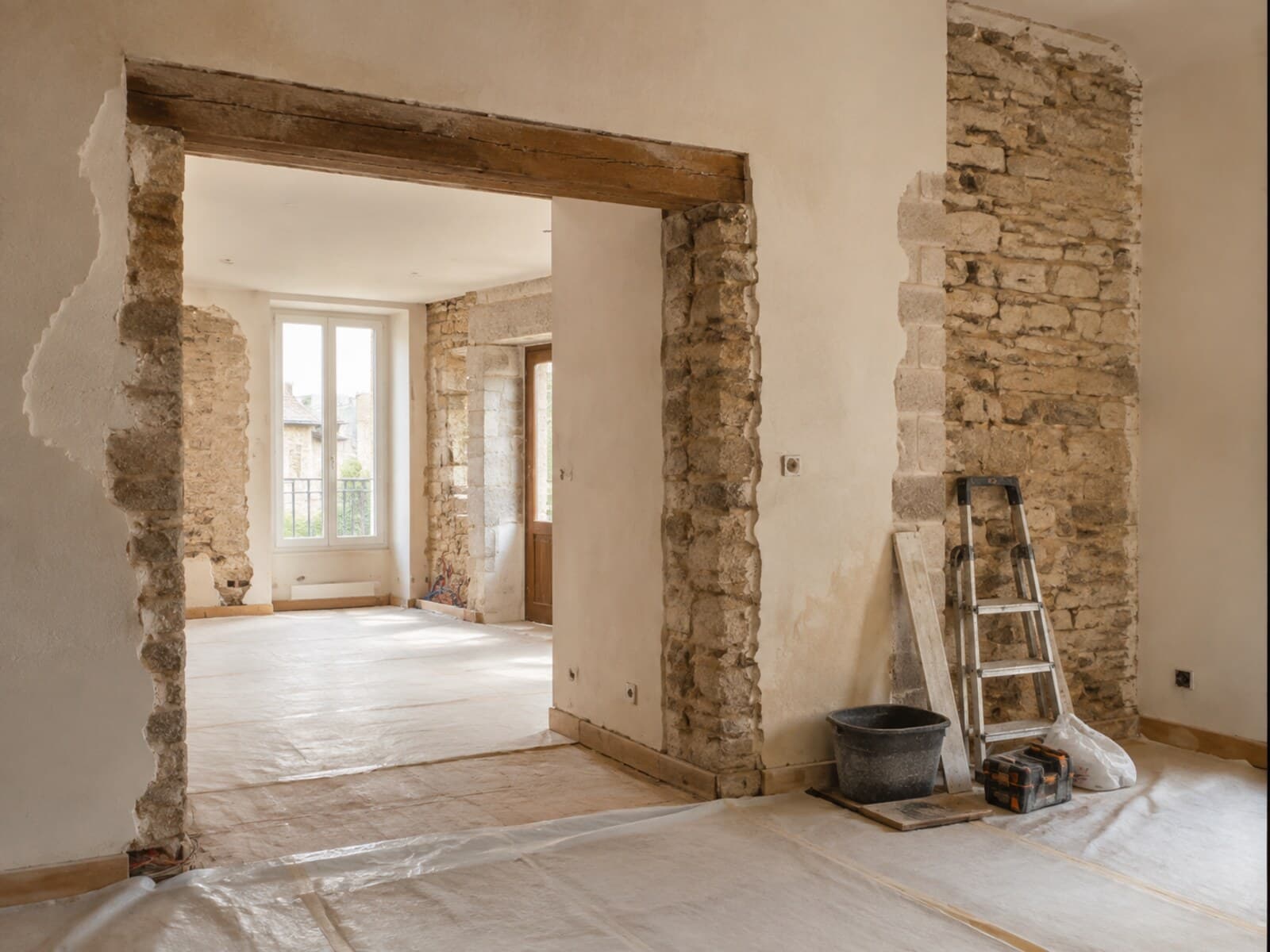 Intérieur en cours de rénovation, murs ouverts et poutres apparentes