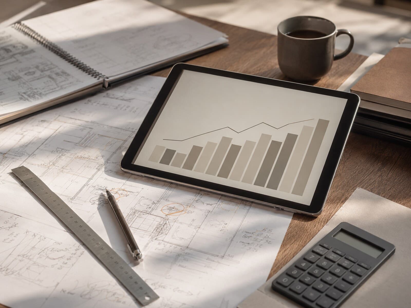 Analyse de budget travaux sur tablette, devis et plans annotés